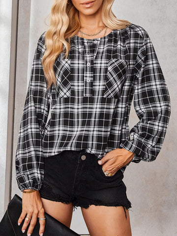 Woochic chemisier carreaux avec poches boutonnage col rond casual femme blouse Noir S